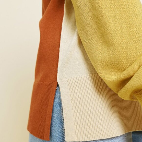 MYSTREE Color Block Knit Sweater, Cream Brown Yellow Green, Lightweight Pullover - Picture 8 of 8